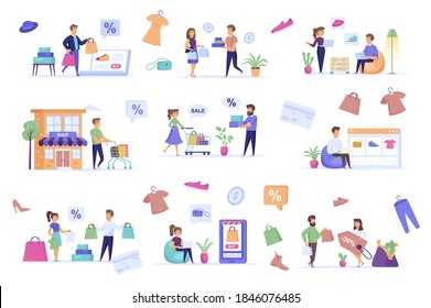 Shopping people bundle of flat scenes. Offer discounts in shop isolated set. Store website, bags, shoes, clothes, shoppers with purchases elements. Online marketplace cartoon vector illustration.