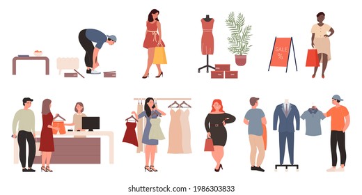 Shopping people buy fashion shoes clothes in shop or store on sales vector illustration set. Cartoon man woman characters holding shopper bags, buying stylish fashionable dress suit isolated on white