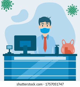 shopping people at cash desk with cashier in supermarket cartoon vector illustration
People wearing a mask doing social distancing while standing in a queue in the Shopping mall. Illustration cashier 