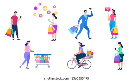 Shopping People Characters Set Isolated on White Background. Girl Pushing Trolley Cart, Woman Carry Purchases on Bike, Men with Bags. Online Store, Order and Delivery Cartoon Flat Vector Illustration.