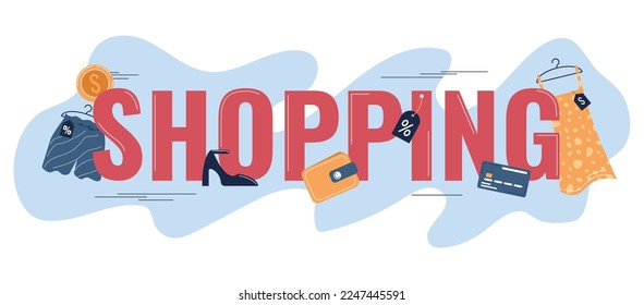 Shopping people composition of text surrounded by flat icons of clothes with wallet card and coin vector illustration