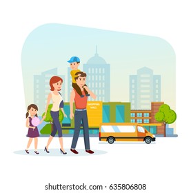 Shopping people concept. Young family for shopping at the mall, got out of the store and go on a city street with shopping holding hands. Modern vector illustration isolated on white background.