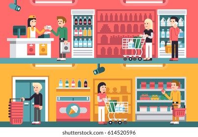 Shopping People And Counter In Super Market Interior, Retail Vector Concepts Set. Supermarket Store Indoor, Illustration Of Interior Supermarket With Seller And Cashier