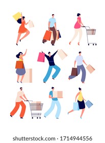 Shopping people. Female with shop bags. Sale offer, joyful guy and girl. Adults walking and buying, isolated shopper with cart vector set