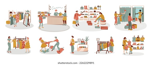 Shopping people flat compositions with clothes hangers shelves with shoes fitting room with mirror isolated vector illustration