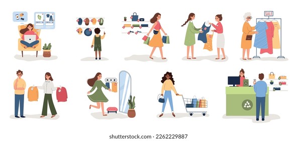 Shopping people flat set with isolated compositions of human characters newly bought goods clothes and bags vector illustration