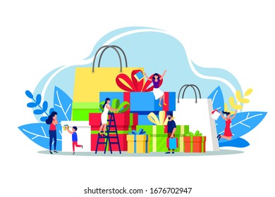 Shopping people with gifts vector illustration isolated on white. Smiling women, children and man characters with gift boxes and paper bags with goods. Pleasure of purchase. For sales and discounts.