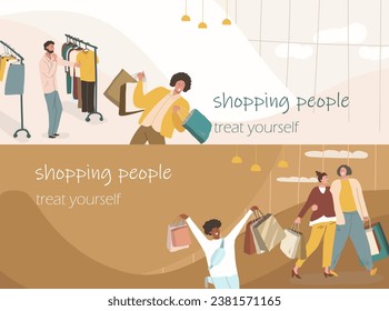 Compras de banners horizontales, descuentos locos, ilustraciones de vectores planos