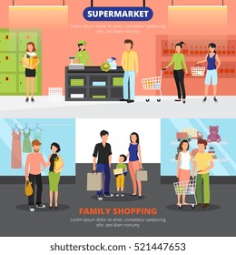 Shopping people horizontal banners set with family shopping symbols flat isolated vector illustration 