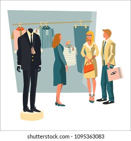 Shopping people interior. People in the background of a shop window with a clothes and a mannequin. Illustration in flat style.