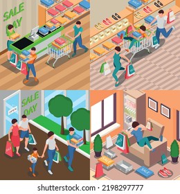 Shopping people isometric set of four square compositions with human characters in store and at home vector illustration