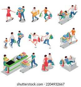 Shopping people isometric set with isolated human characters of adults children family members cashier and goods vector illustration