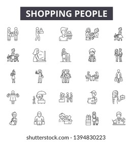 Shopping people line icon signs. Linear vector outline illustration set concept.