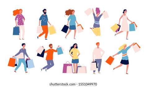 Shopping people. Male and female person buying products in market place vector shopper characters collection