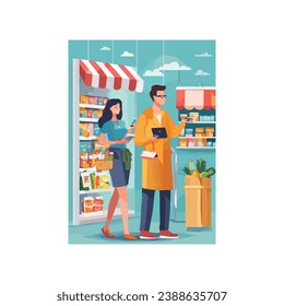 Shopping people. Male and female person buying products in market place . Illustration 10 Eps  buyer shopaholic, woman do shopping 