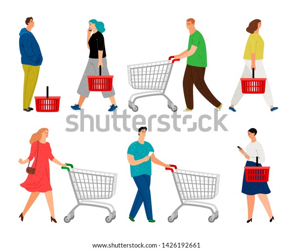 買い物の人 買い物かごを持つ男性と 市場かごベクターイラストを持つ女性 小売りの漫画のスーパーバイヤー 白い背景にスーパーマーケットのお客様の買い物客 のベクター画像素材 ロイヤリティフリー