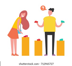 Shopping people, man don't know what to choose red or blue shoes and woman points at red shoes she wants to buy vector illustration