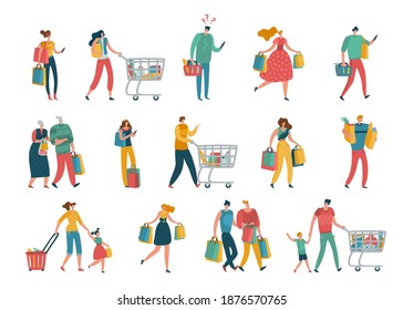 Shopping people. Man and woman with shopping bags in mall, young beautiful fashion byers for sale or discount advertising, buying gifts and presents flat vector isolated cartoon shopaholic concept