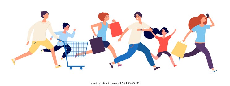 Shopping people. Man woman kids run to store. Sale time, black friday or discount season. Customers with bags and market basket vector illustration