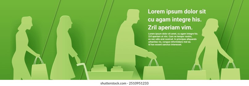 Shopping people paper cut style silhouettes. Green background featuring figures carrying bags and pushing a cart. Modern design for website banner. Paper cut style