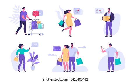 Shopping people with purchases. Flat style modern vector illustration isolated on white background.