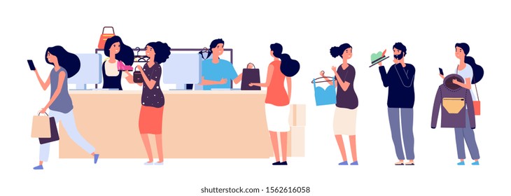 Shopping people queue. Fashion store cash desk vector illustration. Flat cashiers and buyers with clothes accessorises