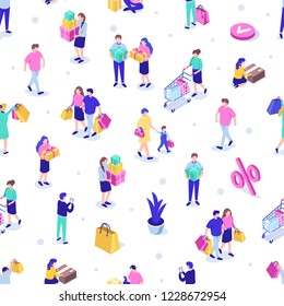 Shopping people seamless pattern. Can use for web banner, infographics, hero images. Flat isometric vector illustration isolated on white background.
