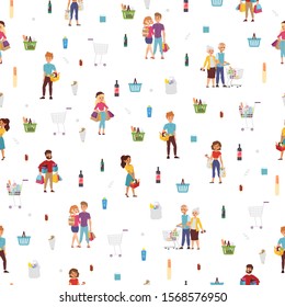 Shopping people seamless pattern, vector illustration. Cartoon characters in flat style, set of isolated icons. Customers in food shop, happy buyers with bags in shopping mall, food store groceries