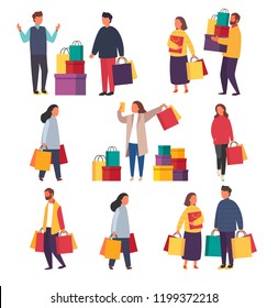 Shopping people set, man and woman with bags in warm clothes. Autumn winter sale. Vector illustration