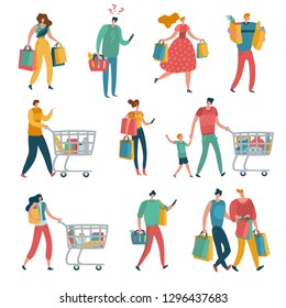 Shopping people set. Man woman shop family cart consume lifestyle retail purchase store shopaholic female mall shopper flat vector