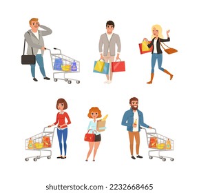 Shopping people set. Men and women carrying shopping bags and pushing shopping carts with purchases cartoon vector illustration