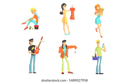 Shopping People Set, Smiling Young Women and Men Characters Enjoying Shopping at Store Vector Illustration