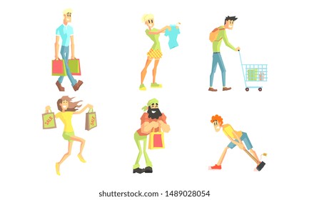 Shopping People Set, Smiling Young Women and Men Characters Paper Bags and Cart with Goods, People Taking Part in Seasonal Sale at Store Vector Illustration