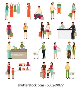  Shopping people set with supermarket symbols flat isolated vector illustration 