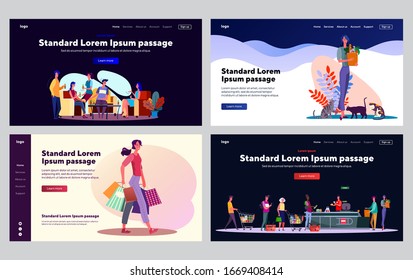 Shopping people set. Woman holding packet with food, walking with bags, supermarket. Flat vector illustrations. Retail, store, consumerism concept for banner, website design or landing web page