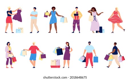 Shopping people. Shop man, person hold gift boxes and bags. Retail consumer, shopper with purchase. Buyer in store or supermarket utter vector set on white