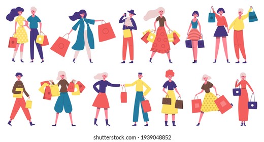 Comprando gente. Personajes masculinos y femeninos adictos a las compras, la gente compra ropa, comida o regalos. Gente con bolsas de compras conjunto de ilustraciones vectoriales