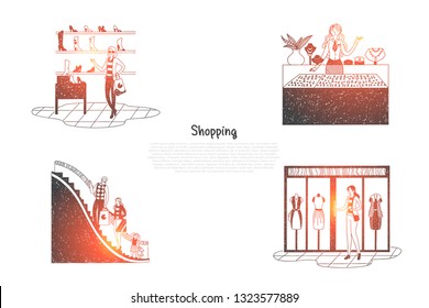 Shopping - people in trade centers looking at shop windows and making purchases vector concept set. Hand drawn sketch isolated illustration