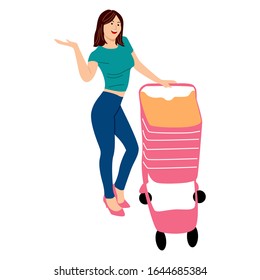 Shopping people vector concepts. Flat design. Characters with trolley. Pleasure of purchase. For sales and discounts