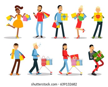 Shopping people vector concepts. Flat design. Collection of smiling women and man characters with gift boxes, paper bags and trolley with goods. Pleasure of purchase. For sales and discounts