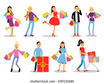 Shopping people vector concepts. Flat design. Collection of smiling women and man characters with gift boxes, paper bags and trolley with goods. Pleasure of purchase. For sales and discounts