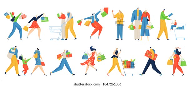 Shopping people vector illustration set. Cartoon flat shopper family characters buying in grocery shop supermarket with basket and cart, buyers walking with purchase gifts in bags isolated on white