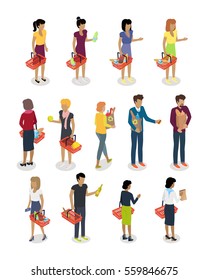 Shopping people vector illustrations set. Buying food and daily products isometric concepts isolated on white background. Man and woman character template with shopping baskets and bags full of goods