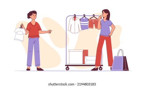 Shopping people, young girls shop together. Online or offline purchases, female characters choosing outfits, clothes store buyers flat vector illustration. Retail shopping scene