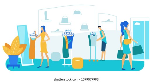 Shopping People. Young Male and Female Character Try on and Buying Fashioned Casual Clothing in Apparel Store. Men and Women Weekend Sparetime Leisure, Purchse in Shop Cartoon Flat Vector Illustration