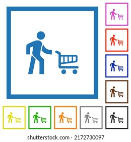 Shopping person with cart flat color icons in square frames on white background