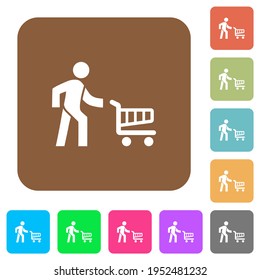 Shopping person with cart flat icons on rounded square vivid color backgrounds.
