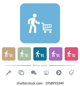 Shopping person with cart white flat icons on color rounded square backgrounds. 6 bonus icons included