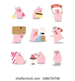 shopping pig vector, business animal illustration. pink pig and shop.