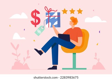 Shopping pink concept with people scene in the flat cartoon design. Man chooses gifts for his friends in an online store. Vector illustration.